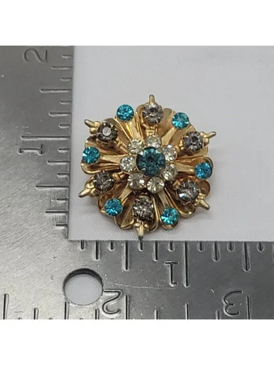 Vtg Gold-Tone Rhinestone Starburst Brooch Pin Turquoise & Clear Crystals Floral - Picture 2 of 10